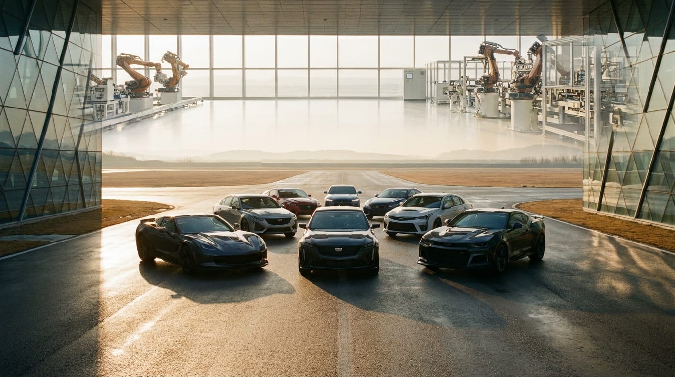 Flotta av General Motors-prestandabilar uppställda på en testbana med glasarkitektur och monteringsrobotar i bakgrunden.