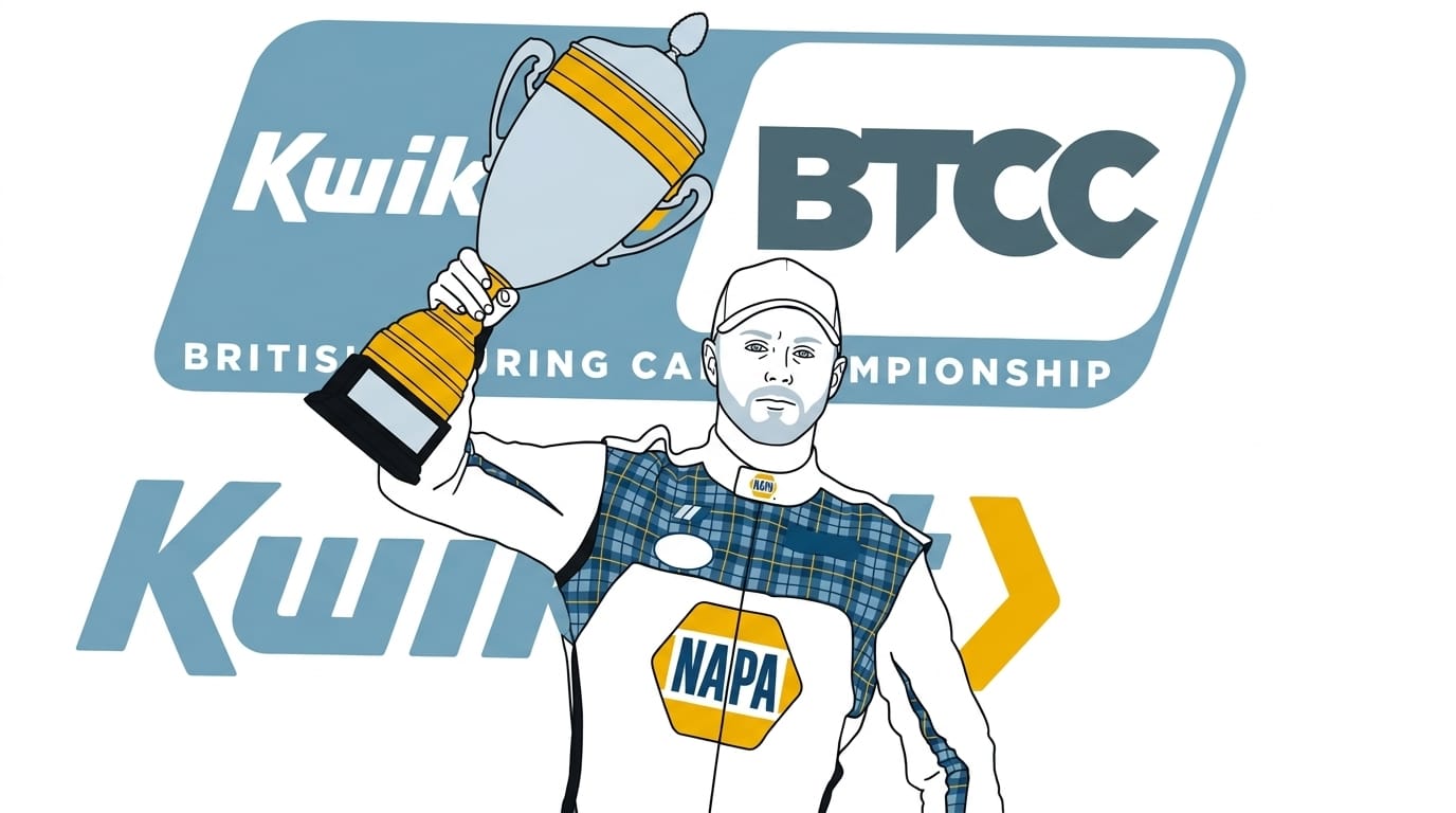 En illustration av en racingförare i vit och blå overall med rutmönster, som håller upp en stor pokal framför en podiumbakgrund.
