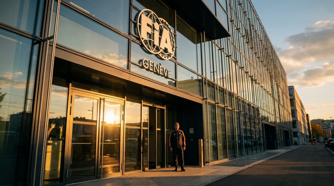 Exteriörvy av FIA:s huvudkontor i Genève med en stor glasfasad och entré under molnigt väder.