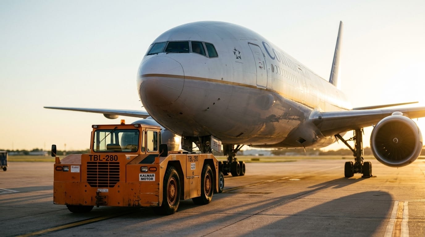 En orange Douglas-Kalmar TBL-280 Tugmaster bogserbåt ansluten till nosstället på ett stort kommersiellt passagerarflygplan på en solbelyst flygplatstarmac.