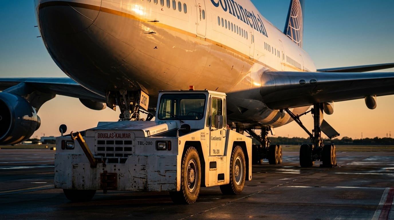 En Douglas-Kalmar TBL-280 bogserbåt framför ett Continental Airlines-plan i gyllene solljus.