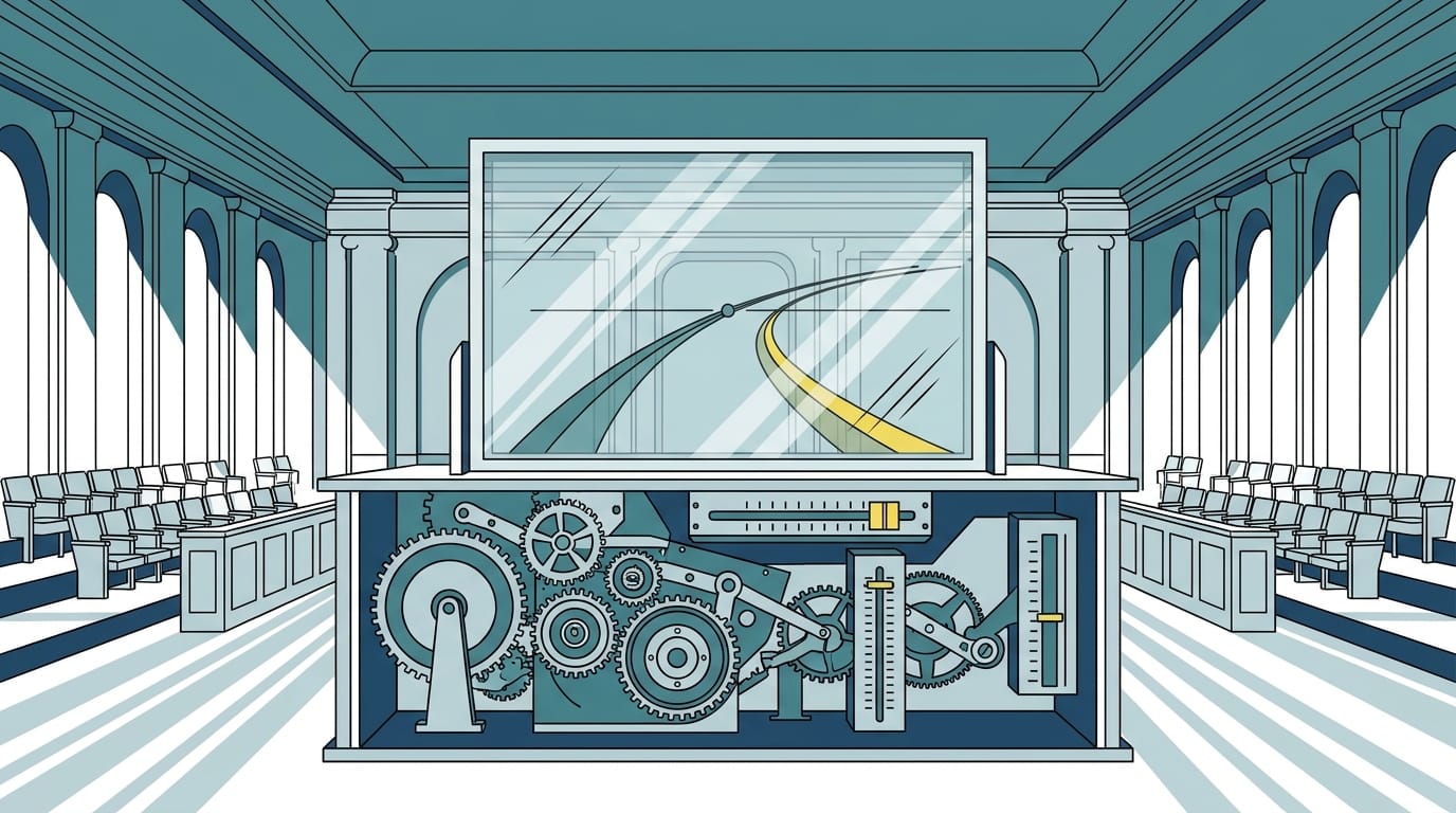Teknisk illustration i blå toner som visar ett institutionellt instrumentbräde med kurvor som konvergerar i en stor sal i Palais des Nations.