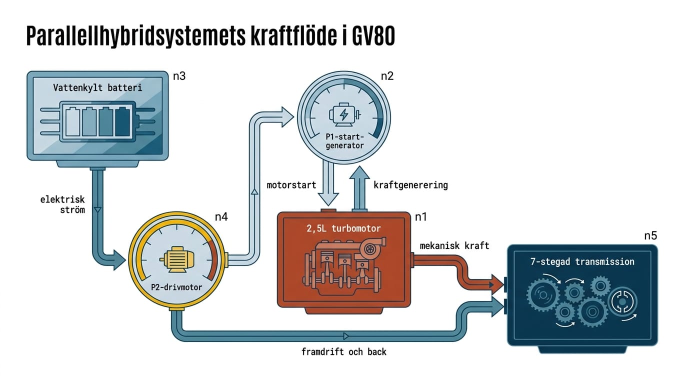 Ett diagram som visar kraftflödet i ett parallellhybridsystem för GV80, inklusive batteri, drivmotor, startgenerator, turbomotor och transmission.