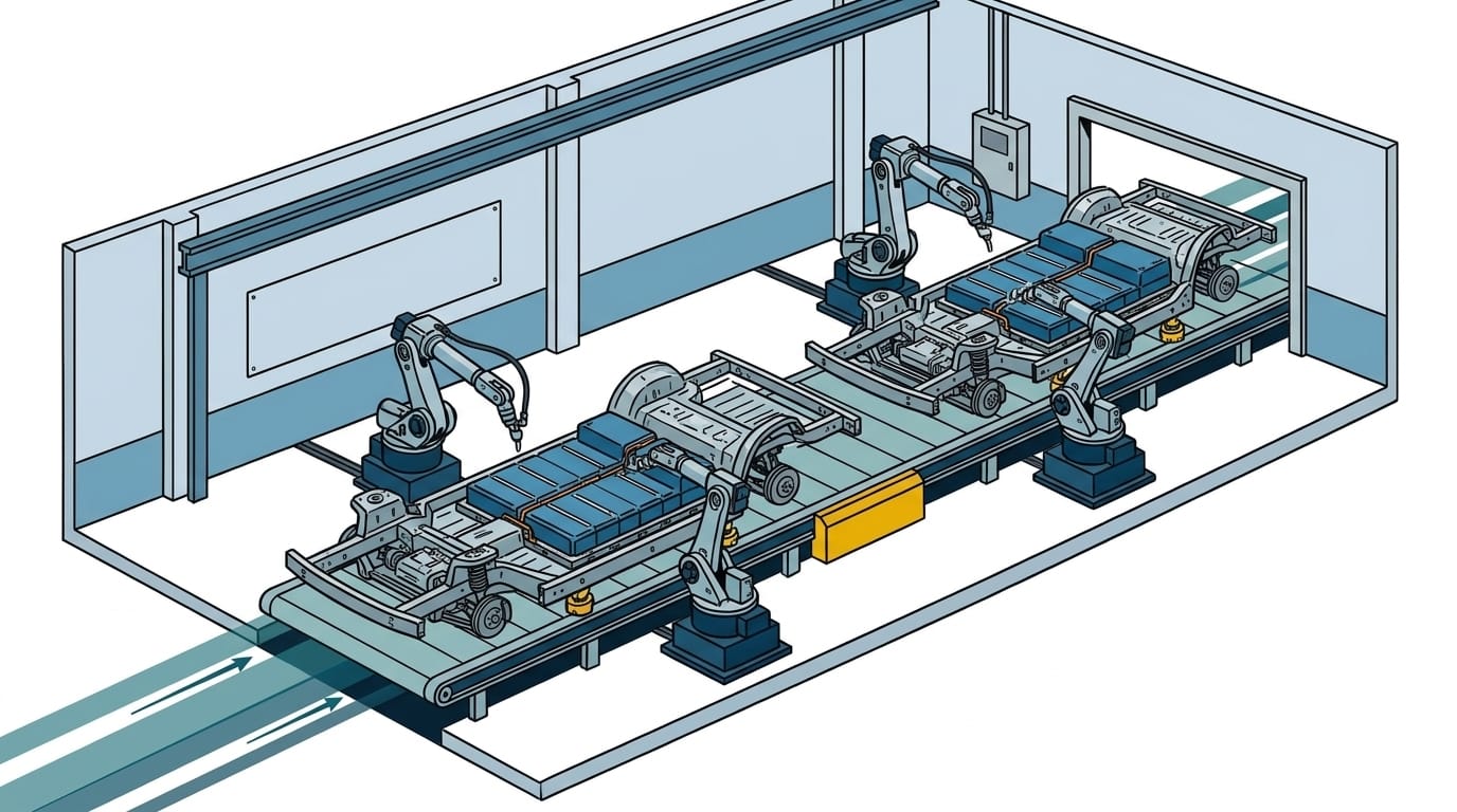 Illustration av monteringslinjen på BlueOval Battery Park Michigan med robotar som arbetar på fordonschassin med batteripaket.