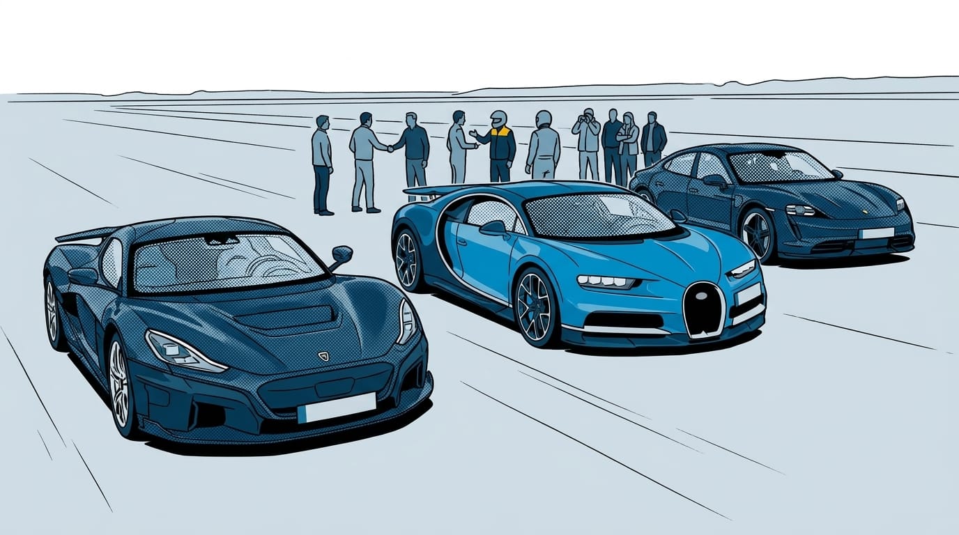Illustration av tre sportbilar på en asfalterad yta med en grupp personer i bakgrunden.