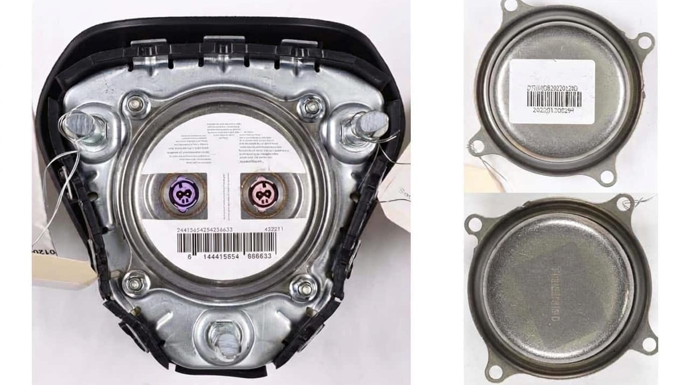 Kompositfotografi som visar tre separata vyer av industriella metall- och plastkomponenter mot en ljus bakgrund.
