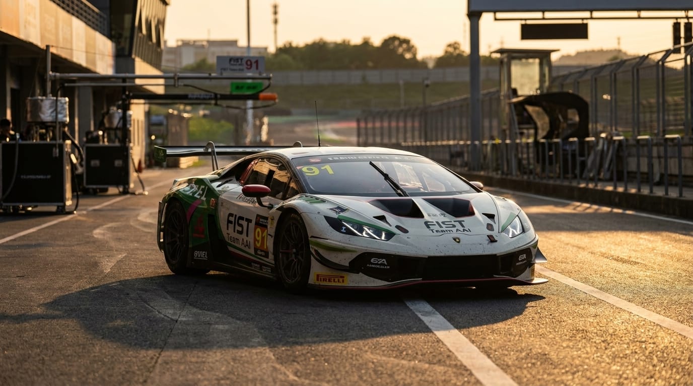 FIST Team AAI GT3 racing-bil parkerad i depån i varmt kvällsljus.