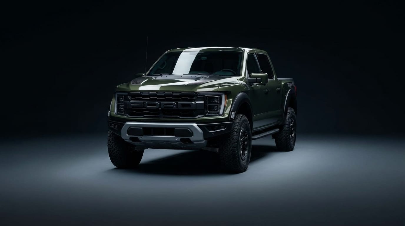 En mörkgrön Ford F-150 Raptor står centrerad i en mörk fotostudio med dämpad belysning.