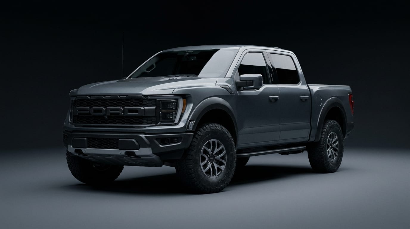 Grå Ford F-150 Raptor i en mörk studio med dämpad belysning som framhäver bilens karosseri och robusta terrängdäck.
