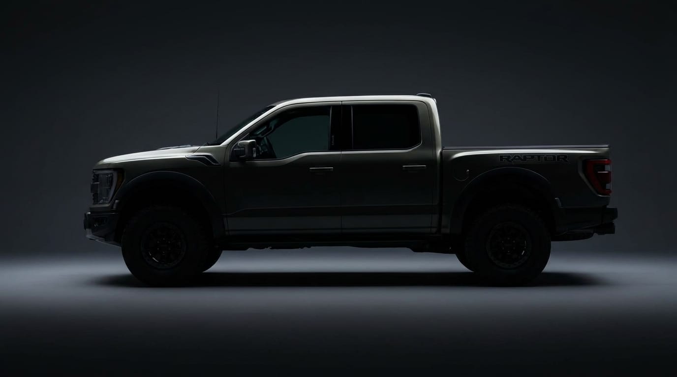 Ford F-150 Raptor i sidoprofil i en mörk fotostudio.