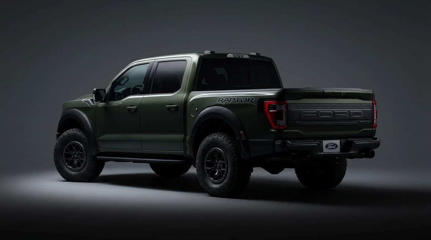 Mörkgrön Ford F-150 Raptor sedd bakifrån i en mörk studio med en ljuspunkt under bilen.