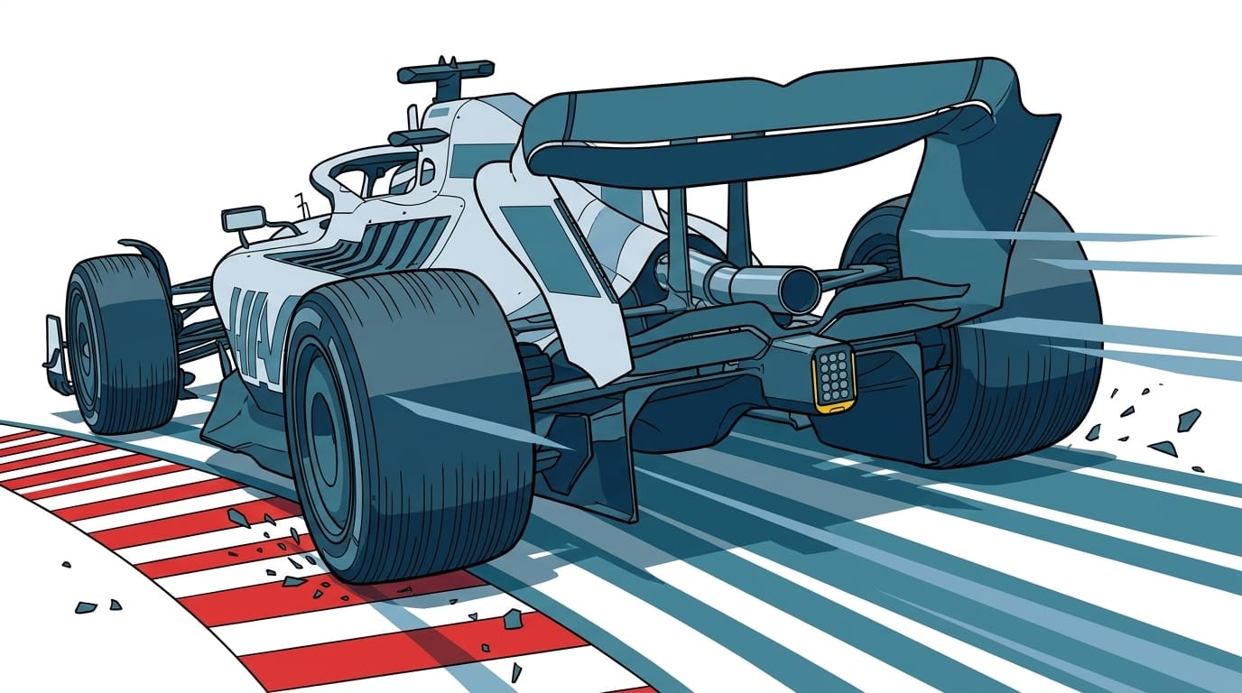 Bakifrånvy av en vit Formel 1-bil i rörelse på en bana med röd- och vitrandiga curbs, i stil med en teknisk illustration.