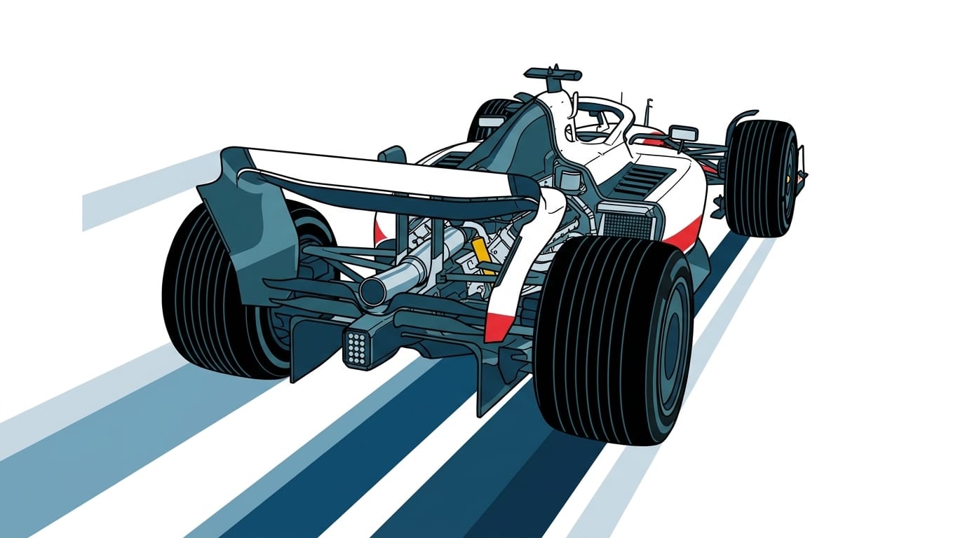 Teknisk illustration bakifrån av en vit, röd och svart formel 1-bil i rörelse på en bana.