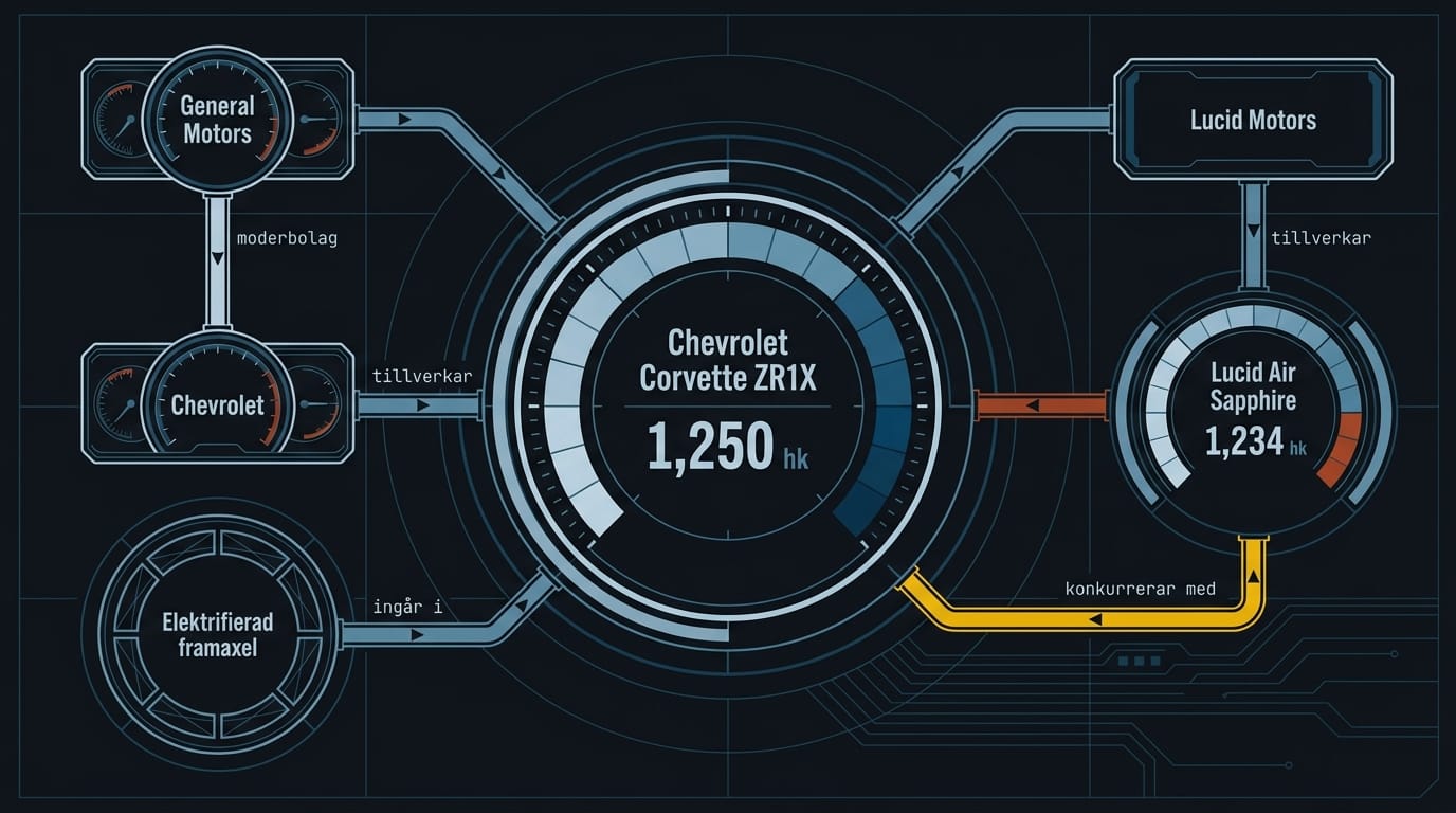 Systemkarta som visar relationerna mellan General Motors, Chevrolet, Elektrifierad framaxel, Chevrolet Corvette ZR1X, Lucid Motors och Lucid Air Sapphire.