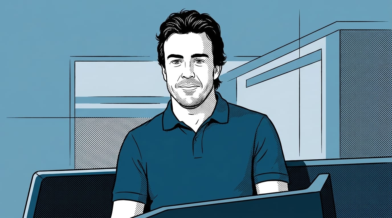 En illustrerad porträttbild av Fernando Alonso iförd en mörkblå pikétröja i en omgivning med grafiska element.