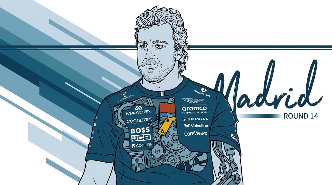 En teknisk illustration ihoppressad stil av en man med mörkt hår och skägg i en mörk tröja framför texten Madrid Round 14.