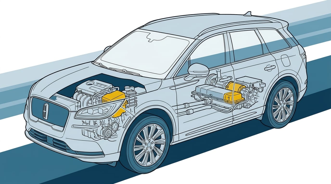 Teknisk genomskärningsillustration av Lincoln Corsair Hybrid i blå toner mot vit bakgrund, med gula komponenter i motorn.