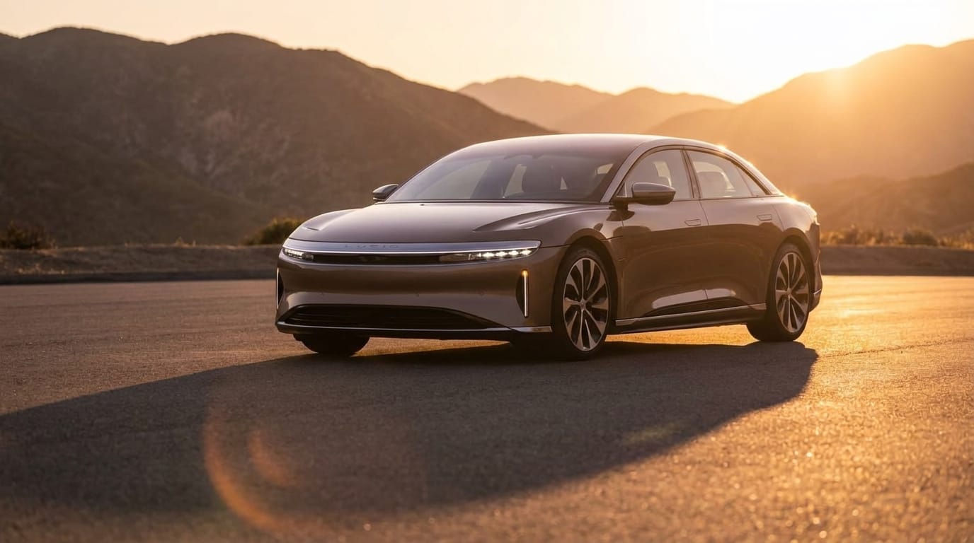 En Lucid Air parkerad på en asfalterad väg i bergsmiljö under solnedgångens gyllene timme med långa skuggor.