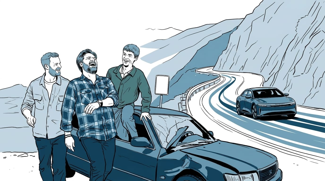 Illustration av tre skrattande män vid en bil på en bergsväg, med en annan bil i bakgrunden.