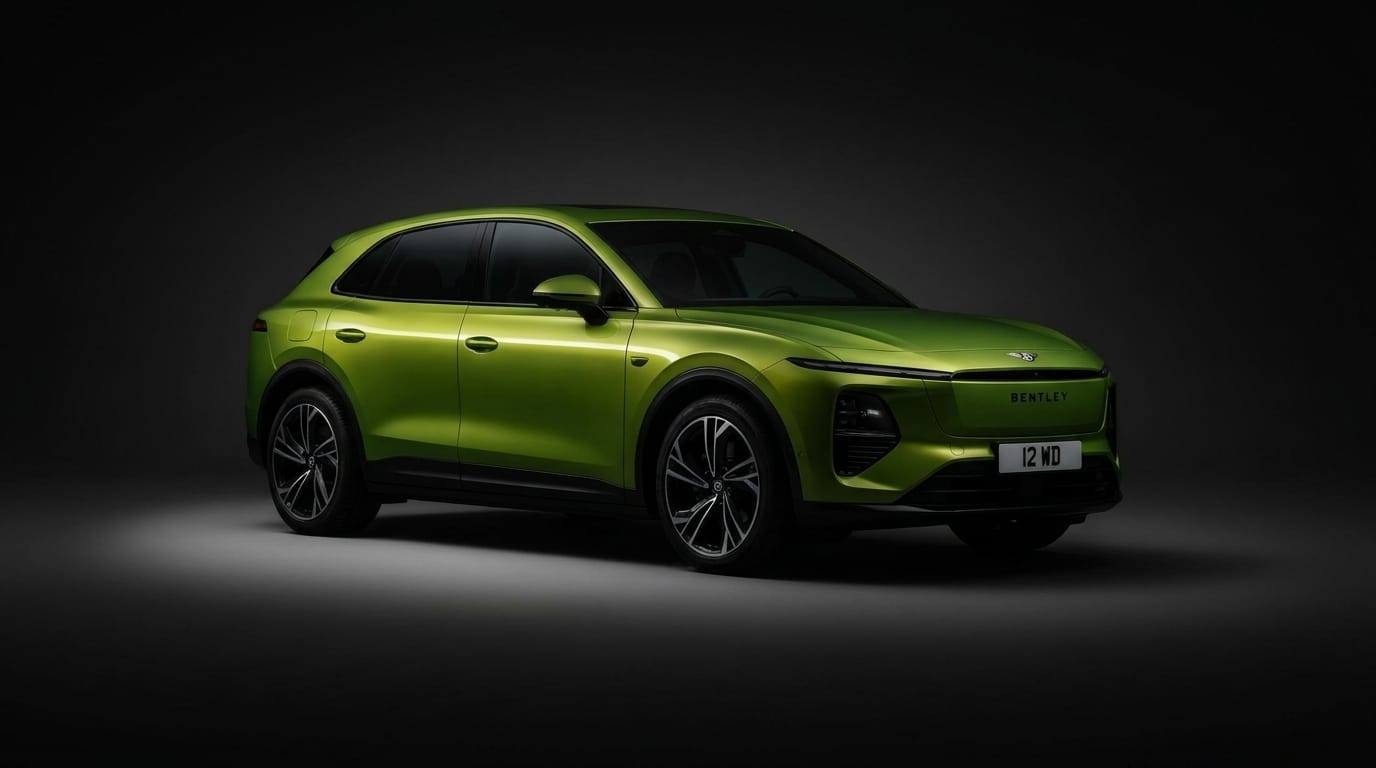 Bentley Torcal EV i limegrön lackering som står i en mörk studio med en diskret golvreflektion.