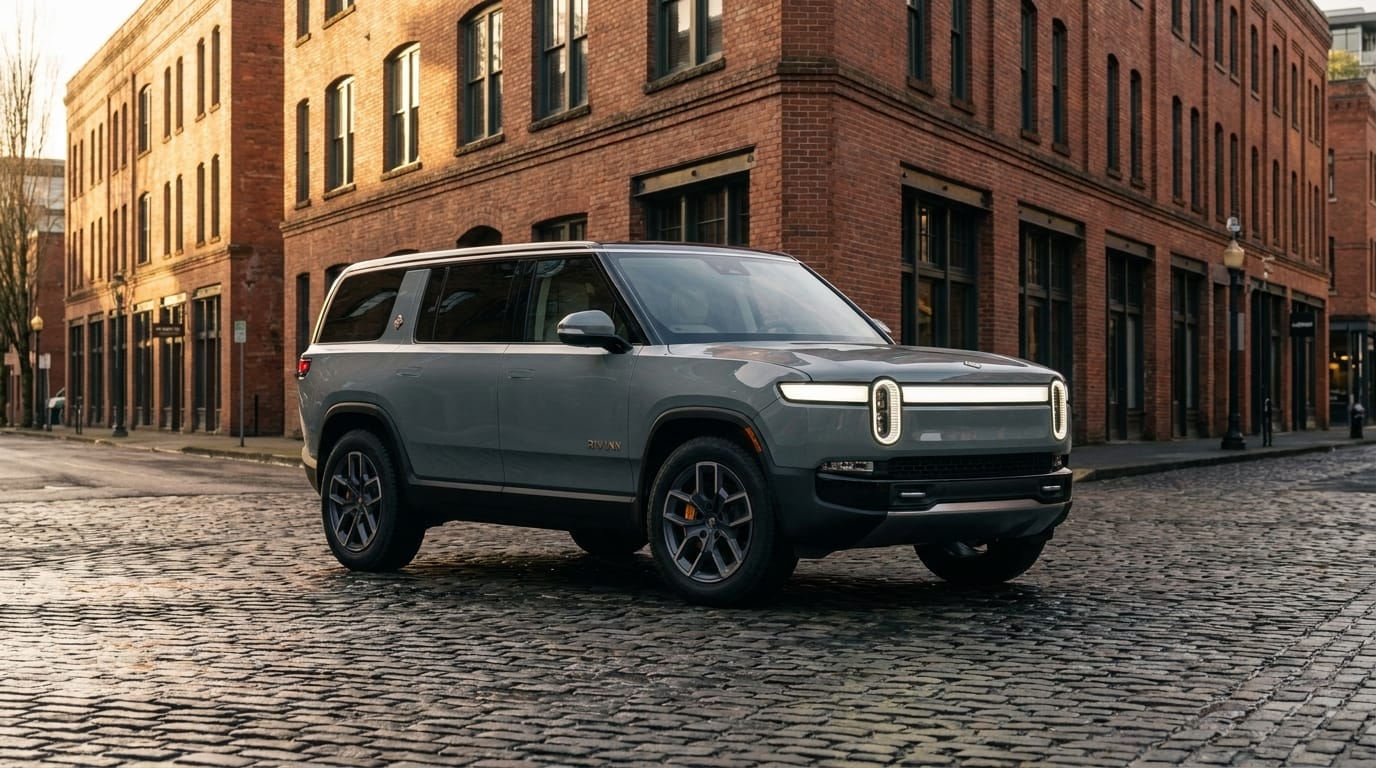 En grå Rivian R1S parkerad på en kullerstensgata framför historiska tegelbyggnader i skymningsljus.
