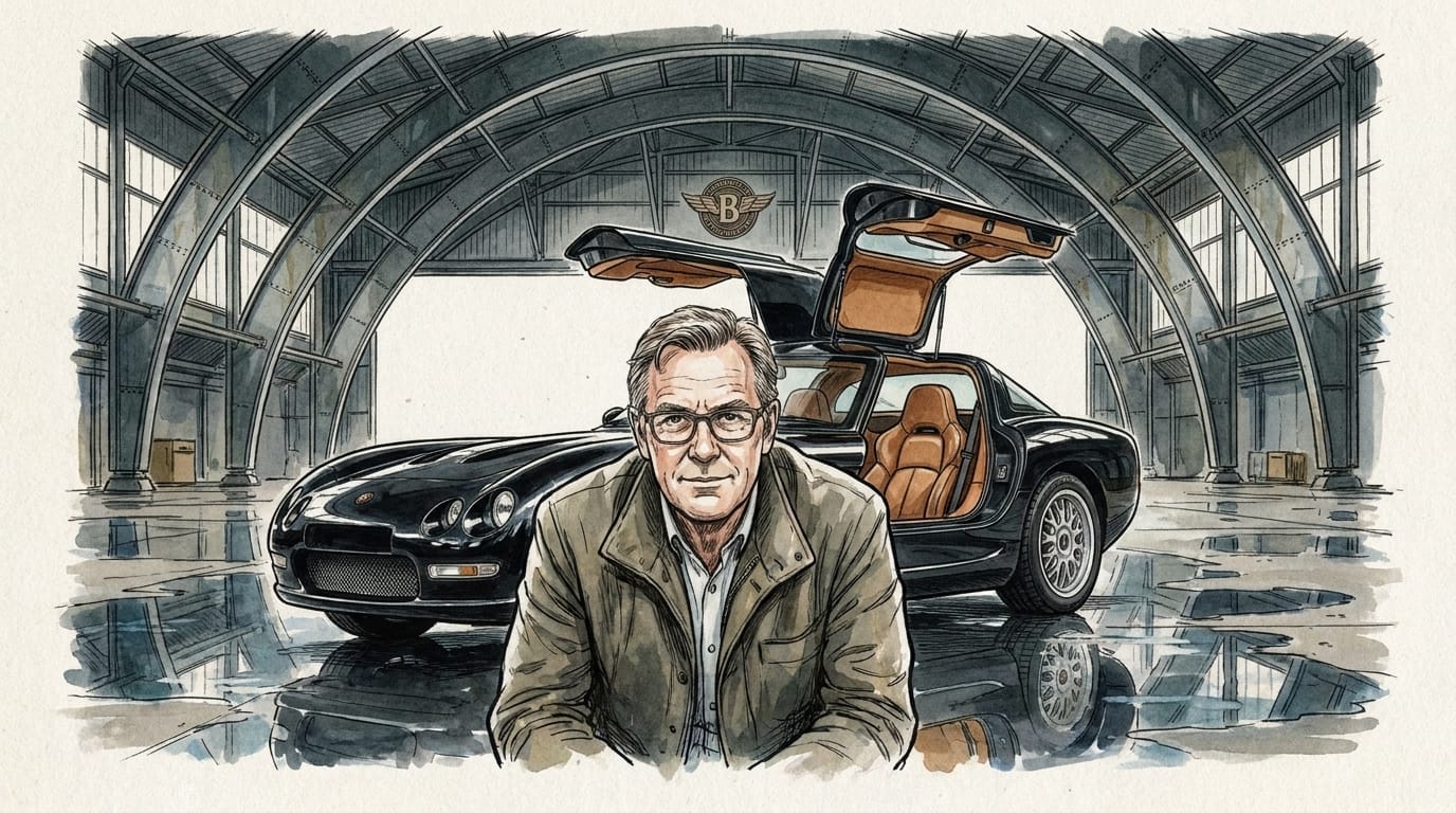 Illustration av en man i glasögon som lutar sig framåt i en hangar med en sportbil som har öppna dörrar.