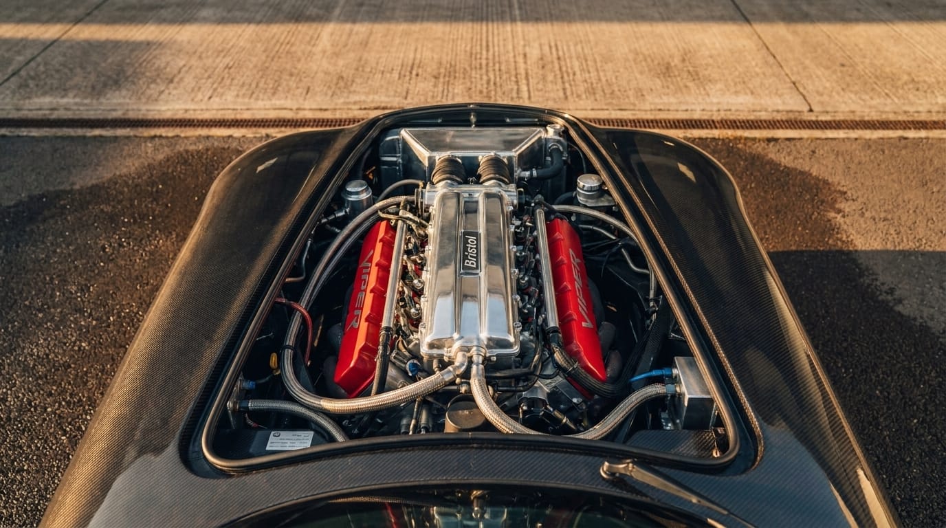 Ovanförperspektiv av en exponerad 8,0-liters V10-motor installerad i kolfiberchassit på en Bristol Fighter.