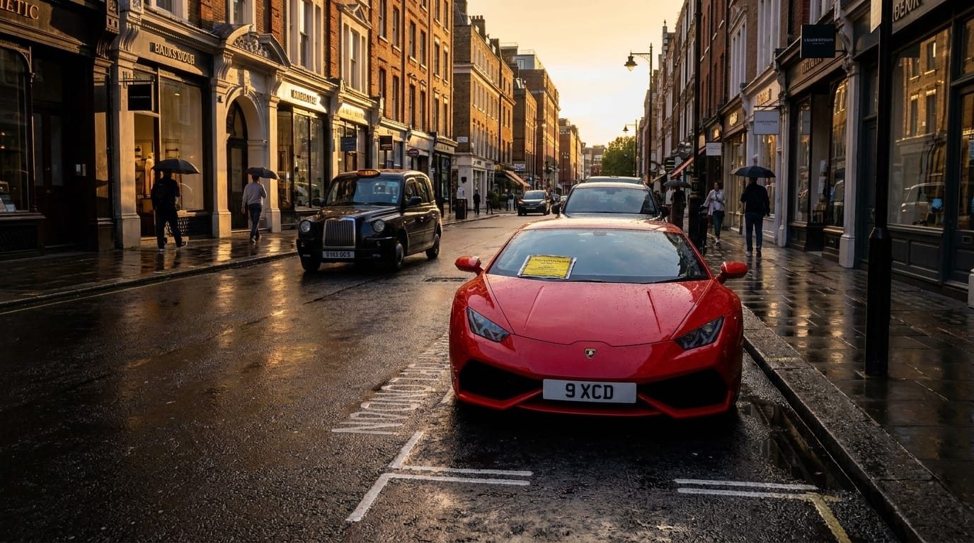 En röd lyxbil står parkerad i en parkeringsruta för Transport for London på en blöt gata i London under gyllene timmen.