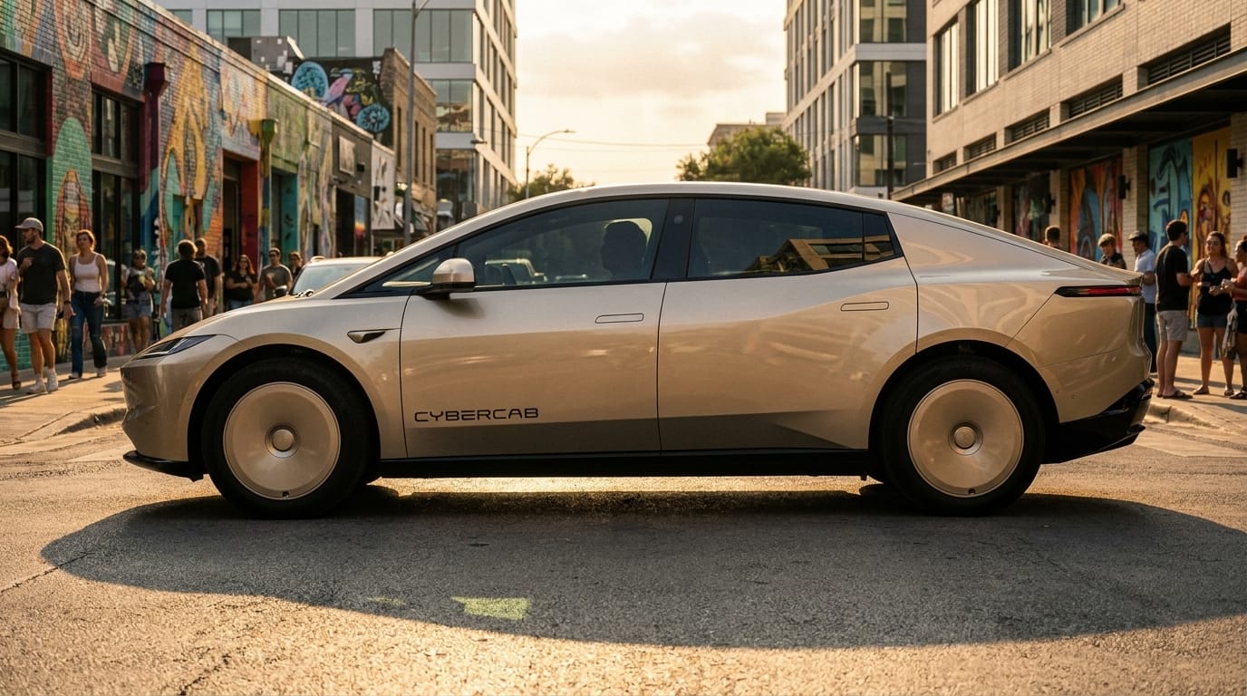 Gyllene elbil parkerad på en gata i Austin med färgglada väggmålningar och fotgängare.