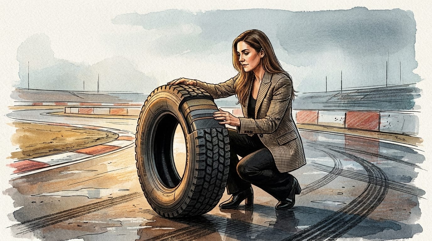 Akvarellillustration med bläcklinjer där Carolina Wagner står vid en genomskuren däcksektion på en testbana.