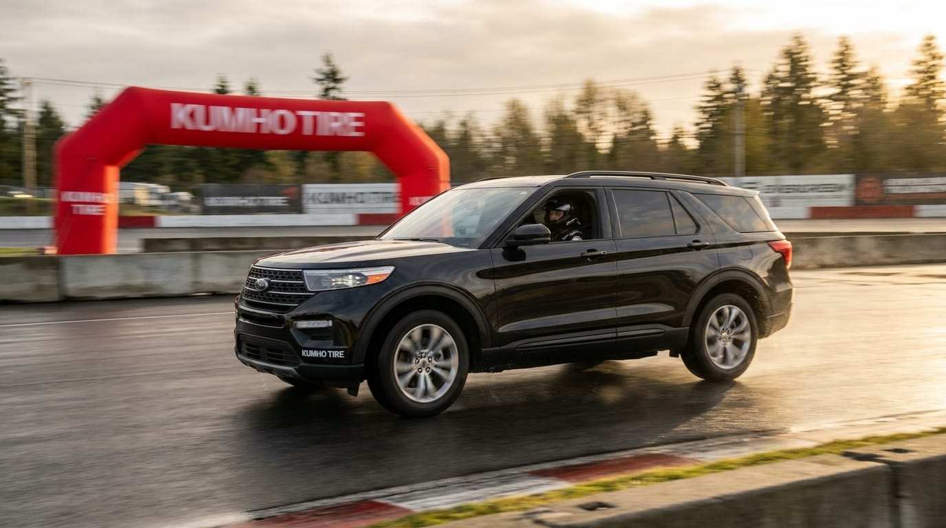 En svart el-SUV kör på en blöt asfaltbana under testförhållanden, med en stor röd Kumho Tire-båge i bakgrunden.
