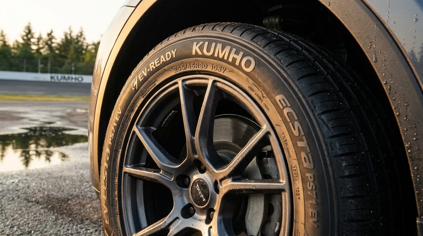 Närbild på en EV-klar Kumho-däckssida med tydligt mönster och märkning på en modern elbil vid en asfaltsbana.