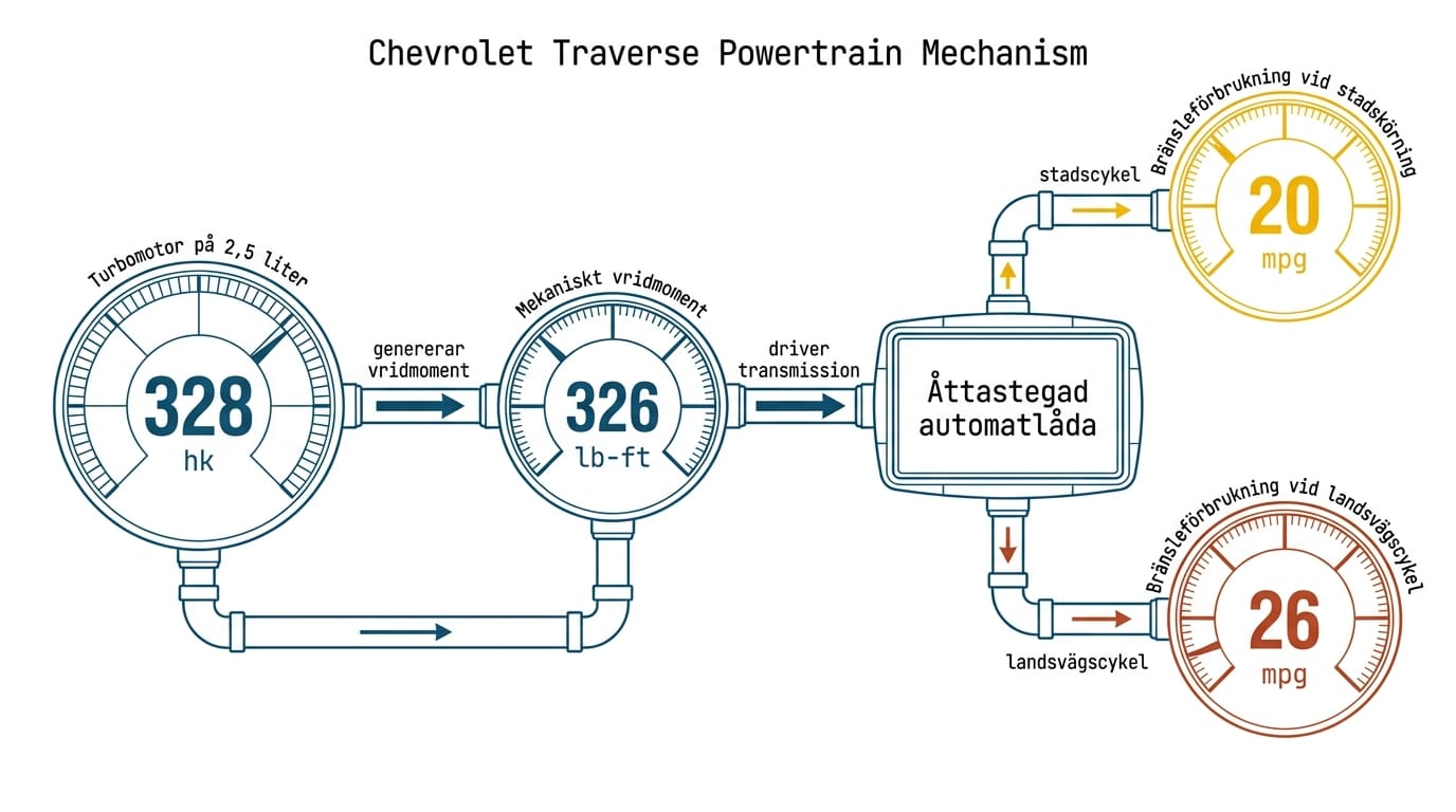 Infografik som visar drivlinans mekanism för Chevrolet Traverse, inklusive motorns hästkrafter, vridmoment, växellåda och bränsleförbrukning vid stad- och landsvägskörning.