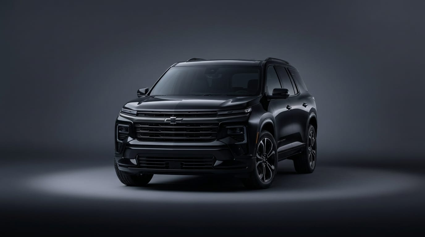 Svart Chevrolet Traverse stående i en mörk fotostudio med en ljusramp som lyser upp framifrån.