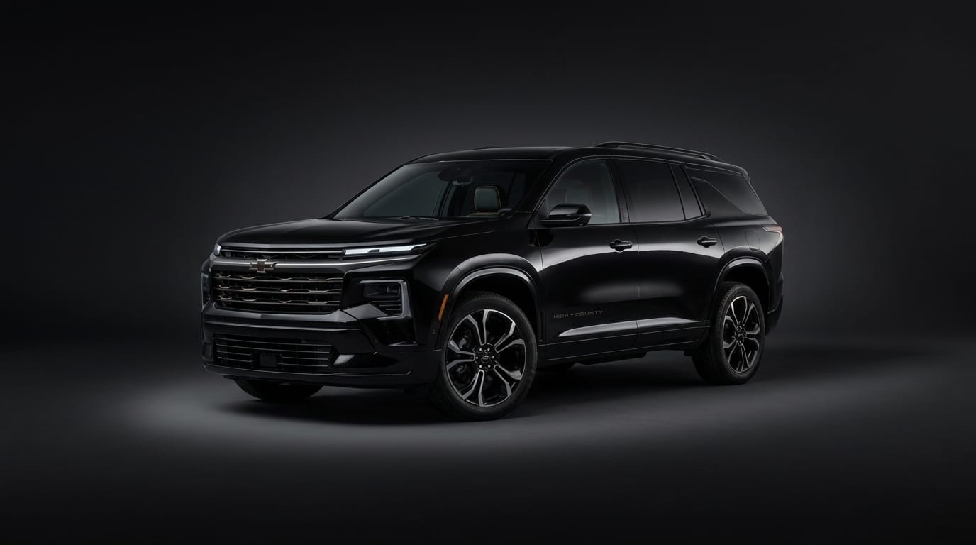 Svart Chevrolet Traverse i en mörk studio med mjuk belysning.
