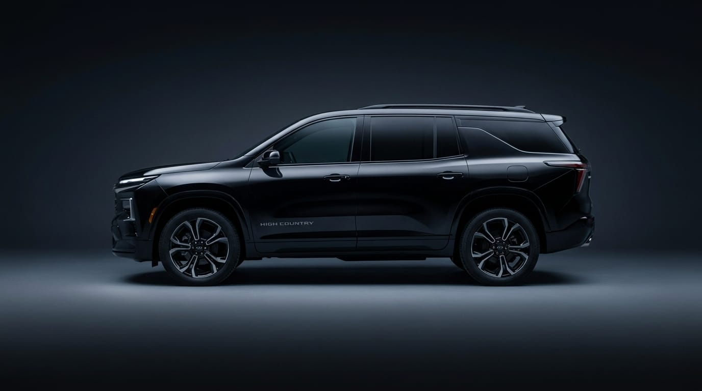 Svart Chevrolet Traverse i sidoprofil uppställd i en mörk studio med dämpad belysning.