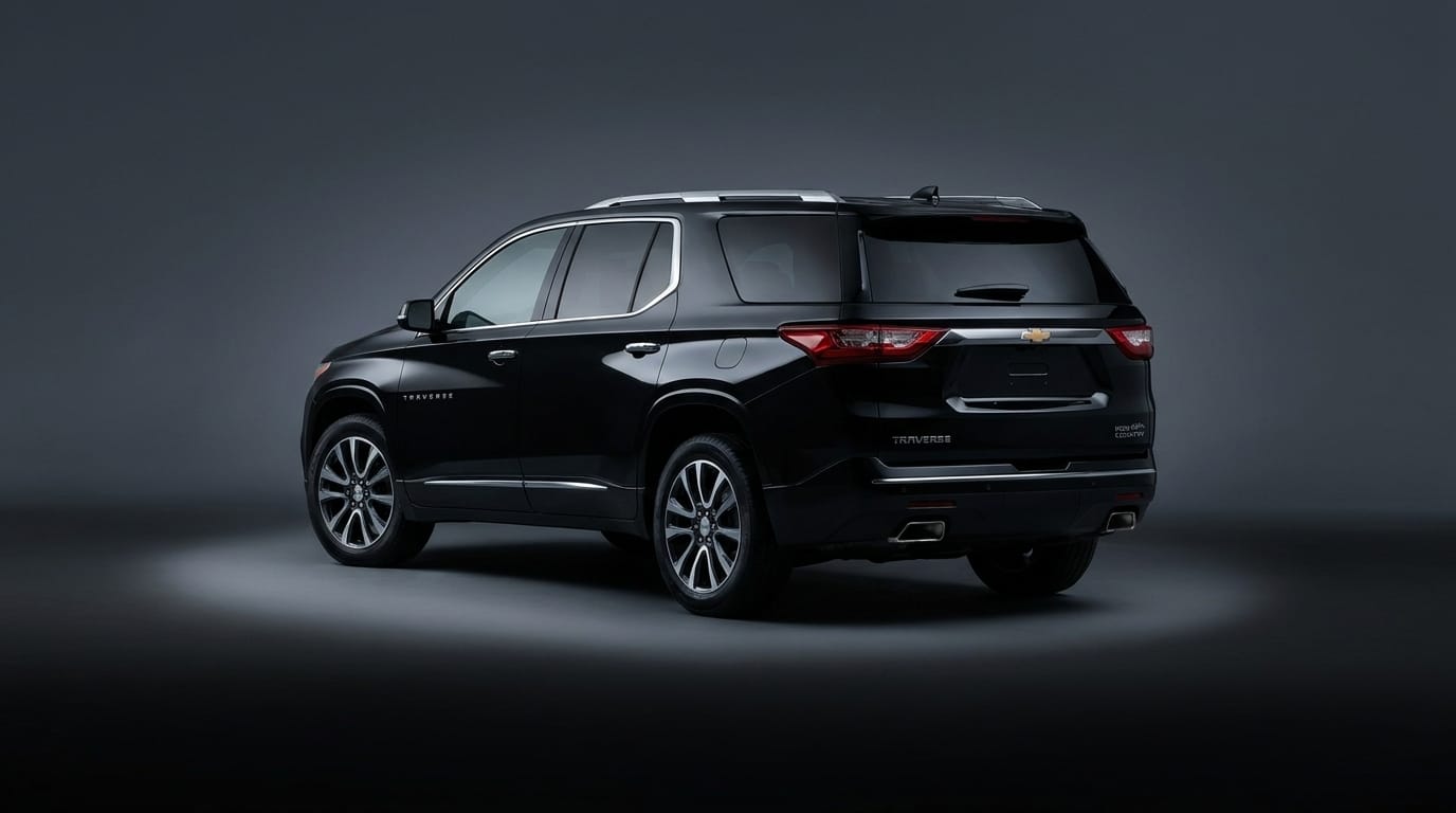 Svart Chevrolet Traverse fotograferad i en mörk studio med fokus på bilens bakre trekvartsvy och markerade baklyktor.