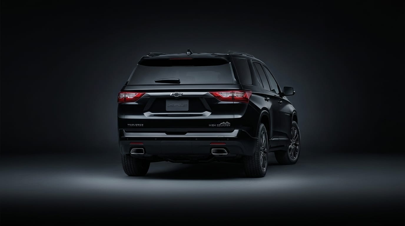 Svart Chevrolet Traverse fotograferad bakifrån i en mörk studio med dämpad belysning.