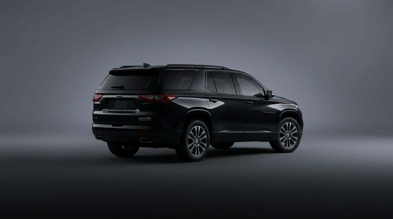 Svart Chevrolet Traverse i en mörk fotostudio sedd bakifrån i trekvartsvinkel.