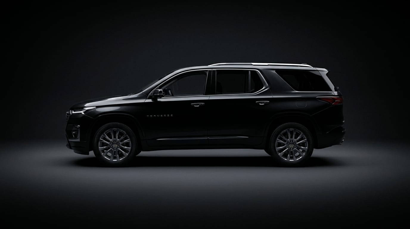 Svart Chevrolet Traverse i en mörk fotostudio med sidoprofil mot höger.