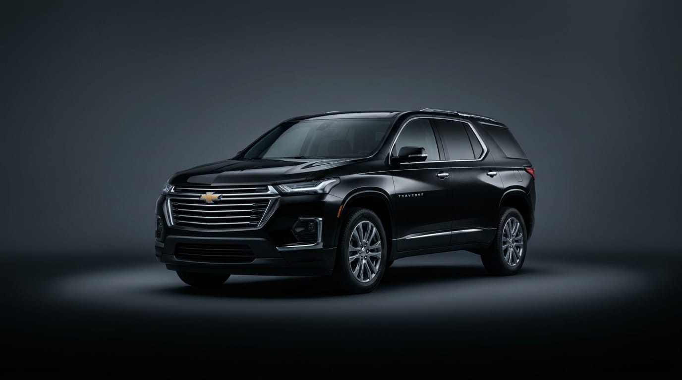Svart Chevrolet Traverse i en mörk studio med mjuk belysning som framhäver bilens linjer från framsidan i trekvartsvinkel.