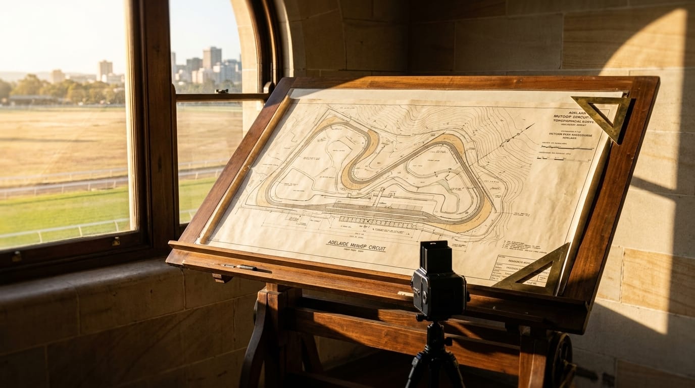 Ett ritbord med en arkitektonisk plan och topografisk kartrendering i ett rum med fönster mot en park.