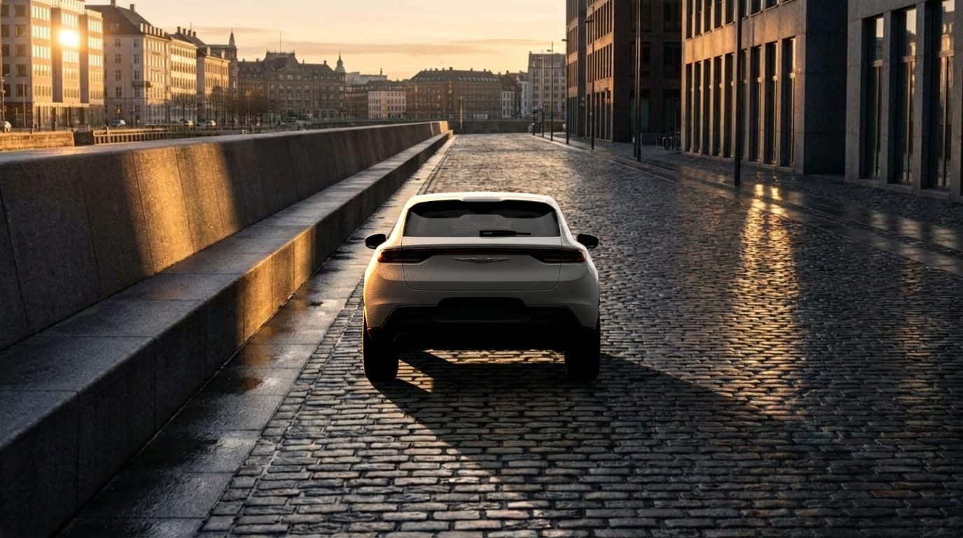 En bil står parkerad på en kullerstensgata i staden under gyllene timmen, med långa skuggor som sträcker sig till höger.