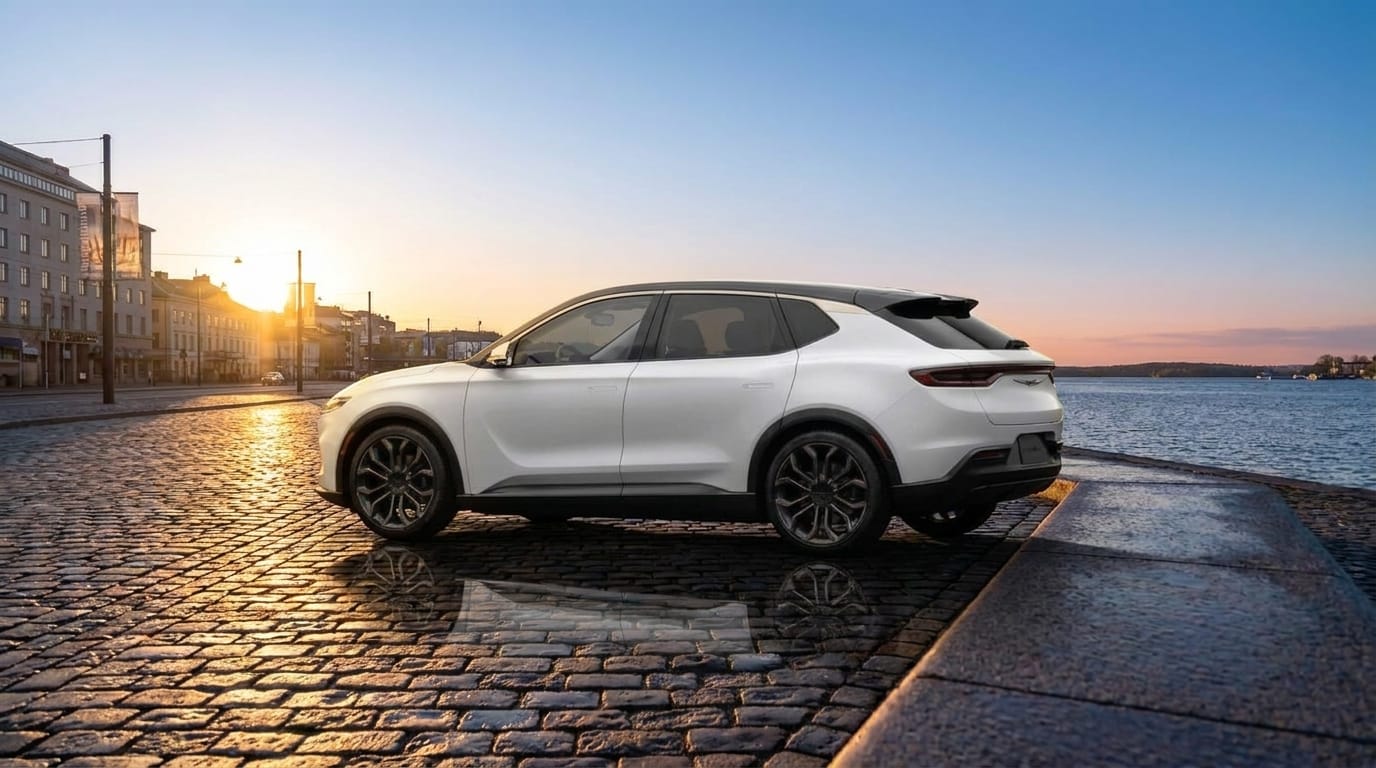 En vit SUV står parkerad på en kullerstensgata vid vattnet i solnedgången.