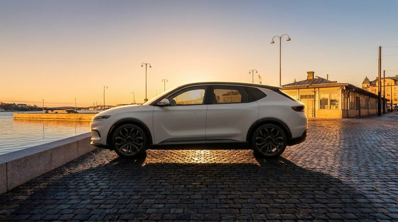 Vit bil parkerad på kullerstensbelagd kaj vid vatten i gyllene timins ljus.