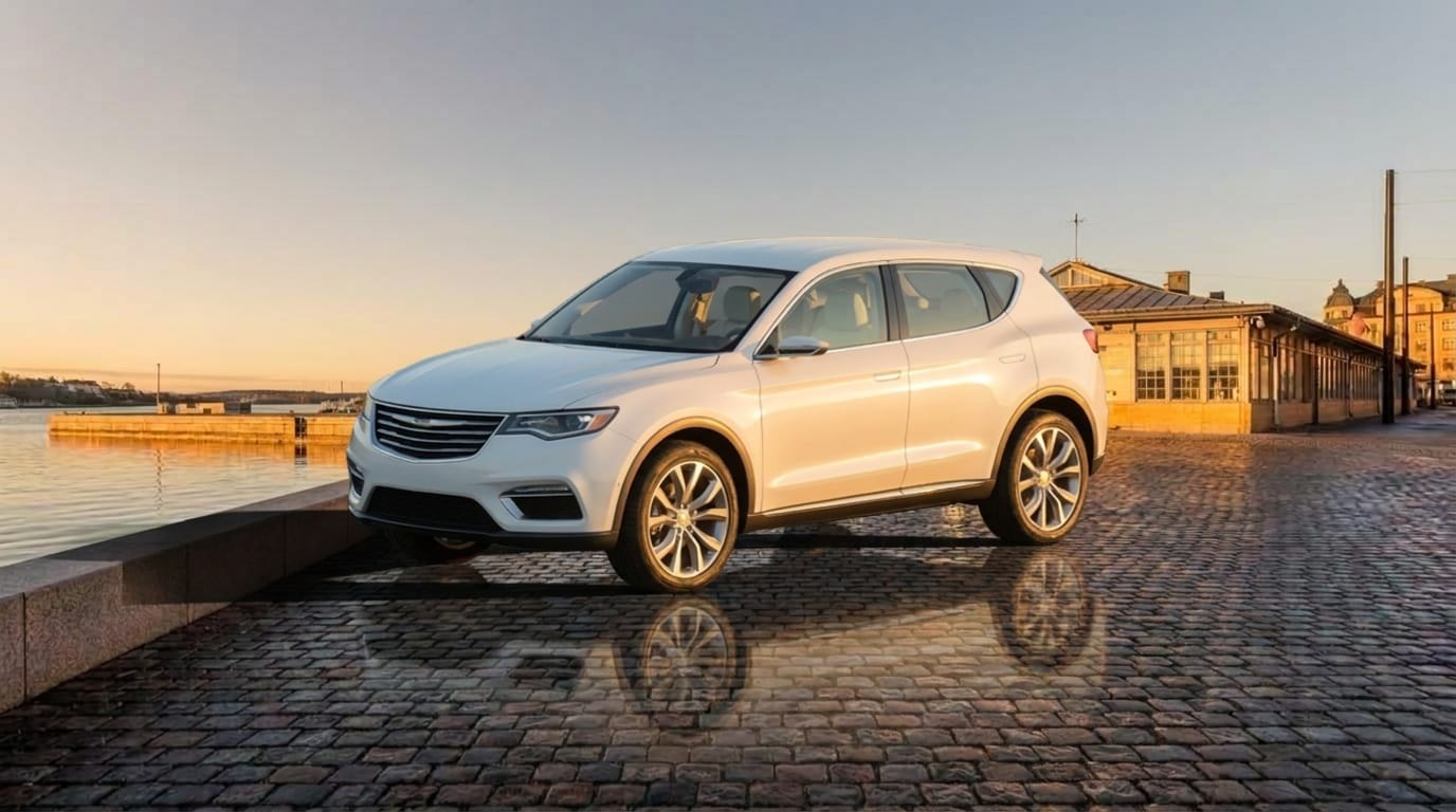 En vit suv parkerad på kullerstensbelagd kaj vid vatten i solnedgång.