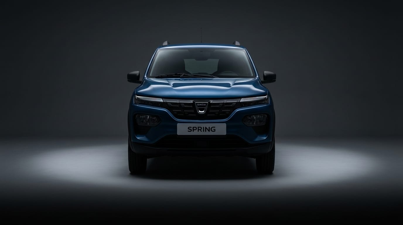 Dacia Spring i blå färg fotograferad rakt framifrån i en mörk studio med en ljuspool på golvet.