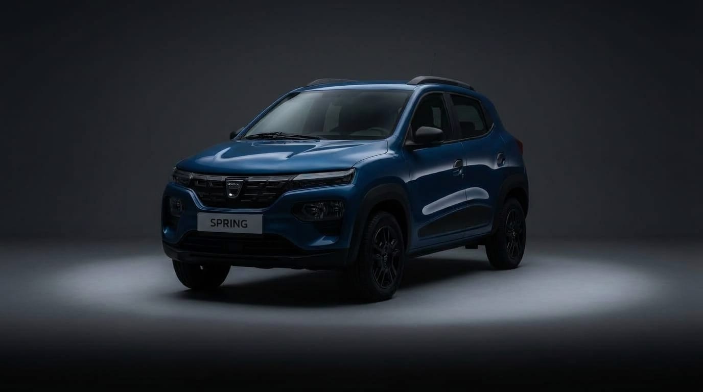 Blå Dacia Spring i en mörk studio med dämpad belysning från sidan.