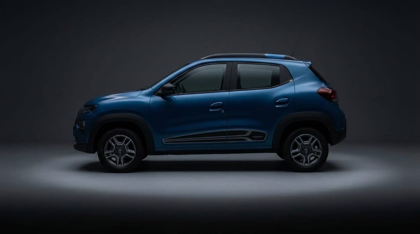 Blå Dacia Spring sedd i sidoprofil i en mörk studio.