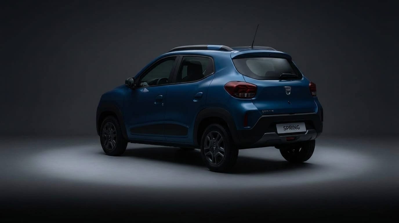 Blå Dacia Spring ses bakifrån i en mörk fotostudio.